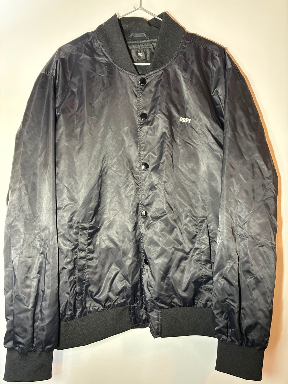 Obey Worldwide Cities Embroidered Satin Snap-Front Bomber Jacket